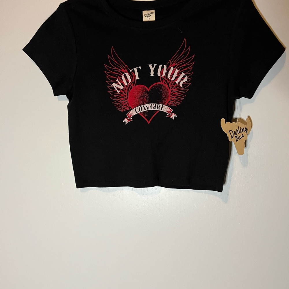 Darling Black Crop Tee with Red Winged Heart Graphic